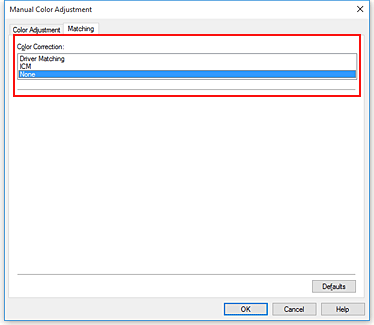 figure:Select None for Color Correction in the Manual Color Adjustment dialog box