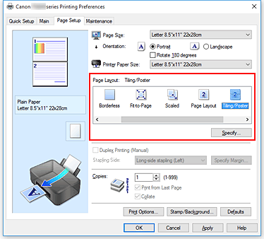 figure:Select Tiling/Poster for Page Layout on the Page Setup tab