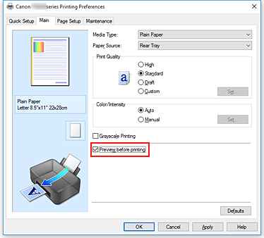 figure:Preview before printing check box on the Main tab