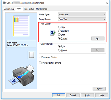 figure:Select on the Main tab, select Custom for Print Quality