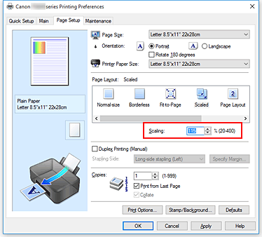 figure:Scaling on the Page Setup tab