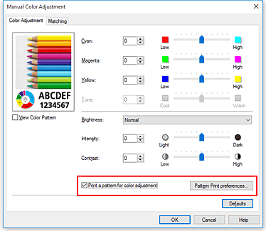 Imagen: Selección de Imprimir un patrón para el ajuste del color en la ficha Ajuste de color