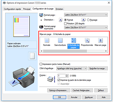 figure : Sélectionnez À l'échelle du papier comme Mise en page dans l'onglet Configuration de la page.