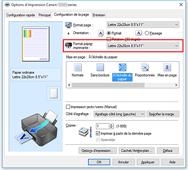 figure : Format papier imprimante dans l'onglet Configuration de la page