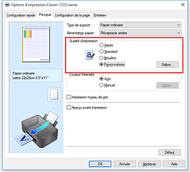 figure : Dans l'onglet Principal, sélectionnez Personnalisée pour Qualité d'impression