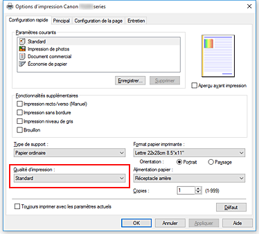 figure : Qualité d'impression dans l'onglet Configuration rapide