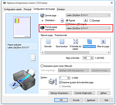 figure : Format papier imprimante dans l'onglet Configuration de la page