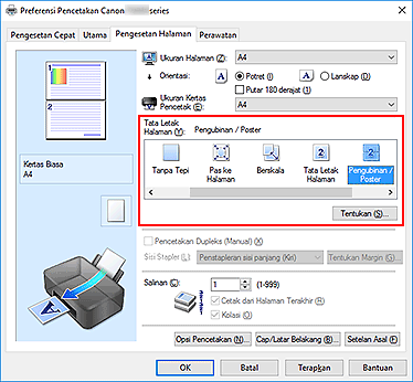 gambar: Pilih Pengubinan/Poster untuk Tata Letak Halaman pada tab Pengesetan Halaman