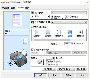 插图：“页设置”选项卡上的“打印机纸张尺寸”