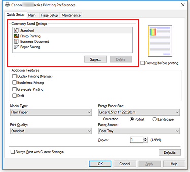 slika: možnost Commonly Used Settings na kartici Quick Setup