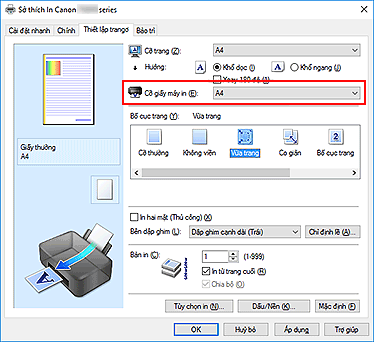 hình: Cỡ giấy máy in trên tab Thiết lập trang
