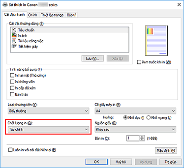 hình: Chất lượng in trên tab Cài đặt nhanh