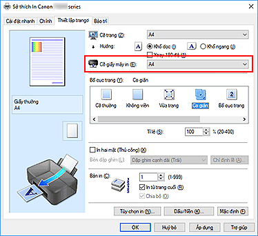hình: Cỡ giấy máy in trên tab Thiết lập trang