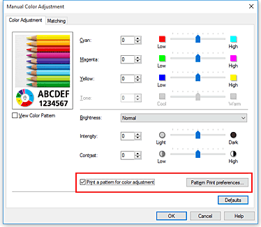 εικόνα:Επιλογή της ρύθμισης Εκτύπωση μοτίβου για προσαρμογή χρωμάτων από την καρτέλα Ρύθμιση χρωμάτων