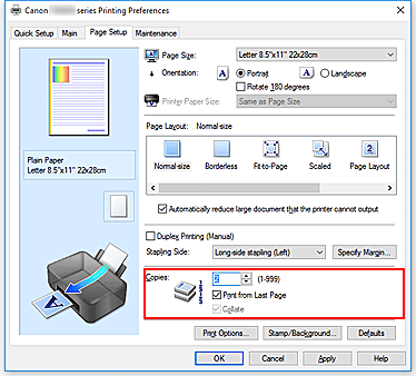 : PIXMA Manuals : series : Setting the of Copies and Printing Order