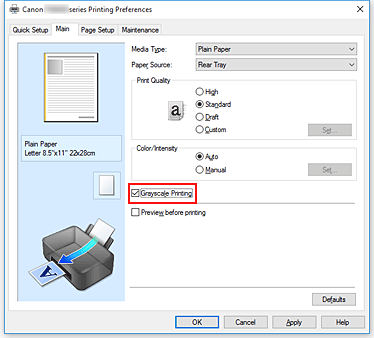 figure:Grayscale Printing check box on the Main tab