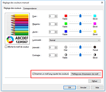 figure : Sélectionnez Imprimer un motif pour ajuster les couleurs dans l'onglet Réglage des couleurs.
