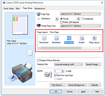 figura: selezionare Adattata alla pagina per Layout di pagina nella scheda Imposta pagina