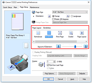 slika: v nastavitvi Page Layout na kartici Page Setup izberite Borderless