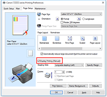 slika: potrditveno polje Duplex Printing (Manual) na kartici Page Setup