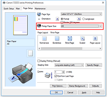 slika: možnost Printer Paper Size na kartici Page Setup