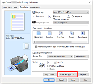 slika: možnost Stamp/Background... na kartici Page Setup