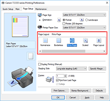الشكل:تحديد ميزة احتواء ضمن الصفحة في تخطيط الصفحة في علامة التبويب إعداد الصفحة