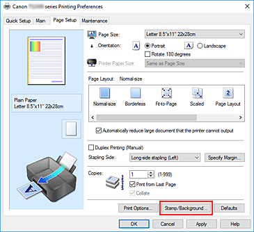 фигура: &bdquo;Stamp/Background...&rdquo; в раздела &bdquo;Page Setup&rdquo;