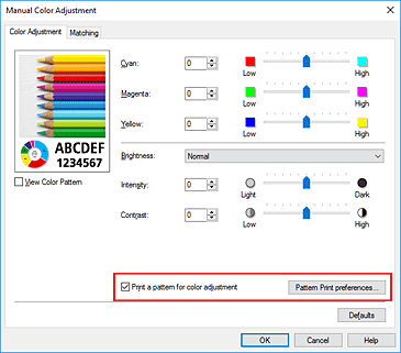 εικόνα:Επιλογή της ρύθμισης Εκτύπωση μοτίβου για προσαρμογή χρωμάτων από την καρτέλα Ρύθμιση χρωμάτων