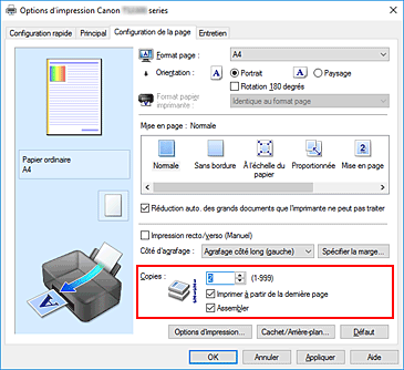 figure : Copies dans l'onglet Configuration de la page