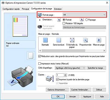 figure : Format page dans l'onglet Configuration de la page