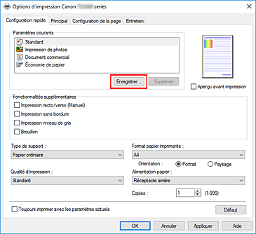 figure : Enregistrer... dans l'onglet Configuration rapide