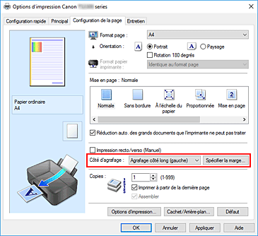 figure : Côté d'agrafage dans l'onglet Configuration de la page