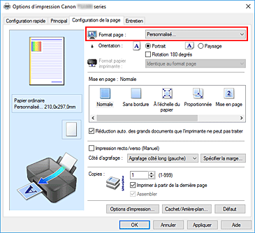 figure : Sélectionnez Personnalisé pour Format page dans l'onglet Configuration de la page.