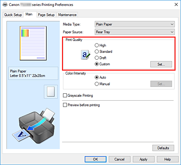 slika: odabir na kartici Glavno, odabir stavke Prilagođeno za stavku Kvaliteta ispisa