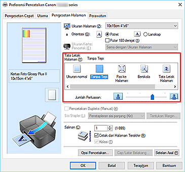 gambar: Pilih Tanpa Tepi untuk Tata Letak Halaman pada tab Pengesetan Halaman