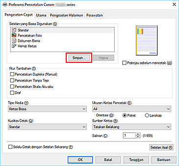 gambar: Simpan... pada tab Pengesetan Cepat