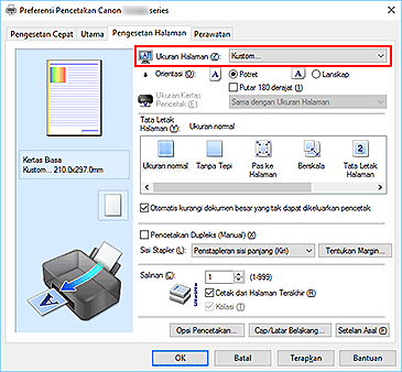 gambar: Pilih Kustom untuk Ukuran Halaman pada tab Pengesetan Halaman