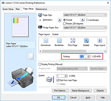 slika: možnost Scaling na kartici Page Setup