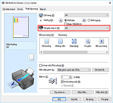 hình: Cỡ giấy máy in trên tab Thiết lập trang