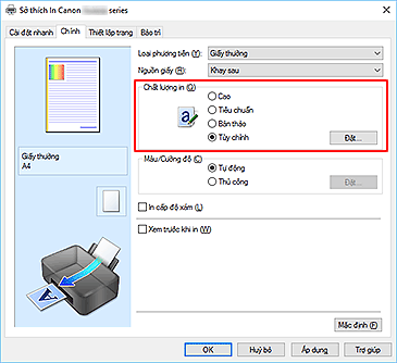 hình: Chọn trên tab Chính, chọn Tùy chỉnh cho Chất lượng in