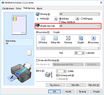 hình: Cỡ giấy máy in trên tab Thiết lập trang