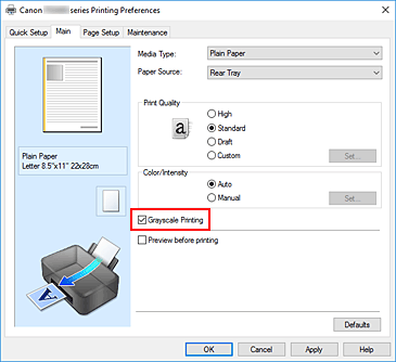 figure:Grayscale Printing check box on the Main tab