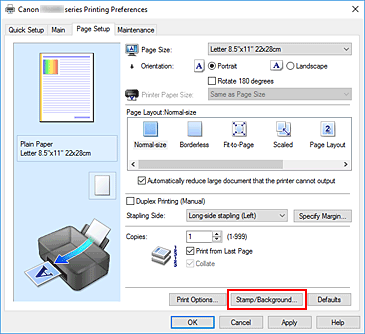 figure:Stamp/Background... on the Page Setup tab