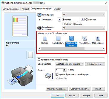 figure : Sélectionnez À l'échelle du papier comme Mise en page dans l'onglet Configuration de la page.