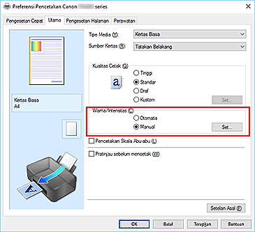 gambar: Pilih Manual untuk Warna/Intensitas pada tab Utama