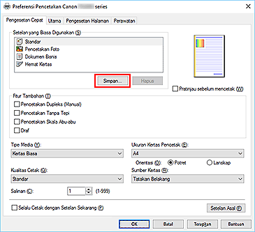 gambar: Simpan... pada tab Pengesetan Cepat
