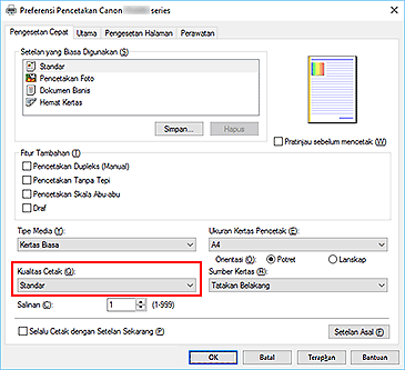 gambar: Kualitas Cetak pada tab Pengesetan Cepat