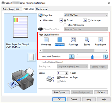 slika: v nastavitvi Page Layout na kartici Page Setup izberite Borderless