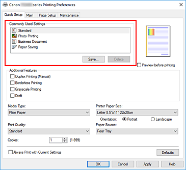 slika: možnost Commonly Used Settings na kartici Quick Setup